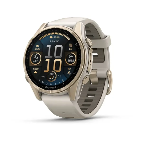 Garmin International Fenix 8 AMOLED Sapphire 43 mm Soft Gold with Fog Gray/Dark Sandstone Silicone Band